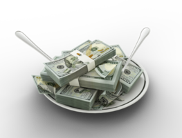 3D rendering of US dollar notes on plate. Money spent on food concept. Food expenses, expensive meal, spending money concept. eating money, misuse of money png