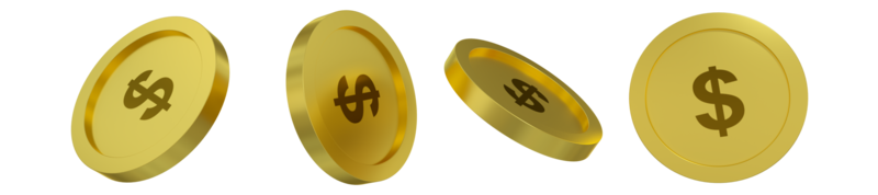 3D rendering of US dollar coin concept in different angles. dollar sign design isolated on transparent background png