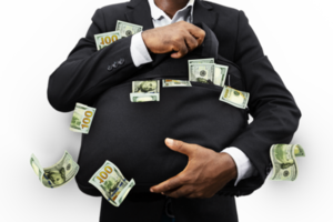 hombre de negocios negro sosteniendo una bolsa negra llena de billetes de dólares estadounidenses aislados en un fondo transparente, dinero cayendo de la bolsa png