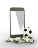 3D rendering of a mobile phone with soccer ball and stacks of US dollar notes isolated on transparent background. png