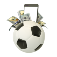 3D-Rendering von US-Dollar-Noten hinter Fußball. sportwetten, fußballwettkonzept isoliert auf transparentem hintergrund. Attrappe, Lehrmodell, Simulation png