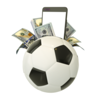 rendu 3d des billets en dollars américains derrière le ballon de football. paris sportifs, concept de paris sur le football isolé sur fond transparent. maquette png