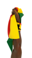 Fisted hand holding Ghanaian flag. Hand lifted and grabbing flag isolated on transparent background. 3d rendering of Flag wrapped around fist png