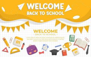 Welcome Back To School Landscape Banner With School Supplies Elements vector