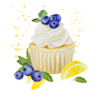 Watercolor sweet cupcake with fruits png