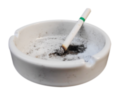White ashtray with cigarette. Studio photography. Close-up. Isolated on transparent background.