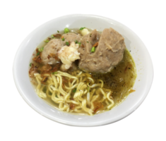 Bakso ist ein indonesisches Essen, das aus Fleischbällchen, Nudeln, Bok Choy und Rinderbrühe besteht. Bakso in einer weißen Schüssel mit beigem Hintergrund. Bakso beeinflusst von der chinesischen Küche png