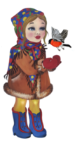 A girl in retro winter clothes invites a bullfinch to sit on her hands. For illustrating children's books and Christmas postcards. png