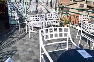 Early morning view of Modern rooftop restaurant at Kasauli, Himachal Pradesh in India, View of mountain hills from open air restaurant in Kasauli, Kasauli Rooftop restaurant photo