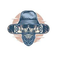 Bearded skull wearing a bucket hat and skateboard, hand drawn line with digital color, vector illustration