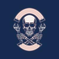 Skull holding wrench, hand drawn line with digital color, vector illustration