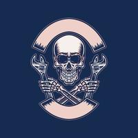 Skull holding wrench, hand drawn line with digital color, vector illustration