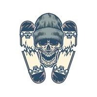 Skull and two broken skateboards, hand drawn line with digital color, vector illustration