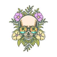 Skull and exotic tropical flowers, hand drawn line with digital color, vector illustration