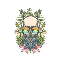 Skull and exotic tropical flowers, hand drawn line with digital color, vector illustration