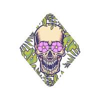 Skull with tropical border, hand drawn line with digital color, vector illustration