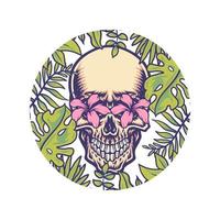 Skull with tropical border, hand drawn line with digital color, vector illustration