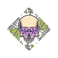 Skull with tropical border, hand drawn line with digital color, vector illustration