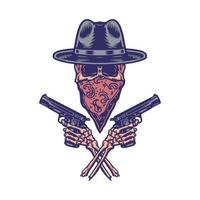 Bandit holding gun, hand drawn line with digital color, vector illustration