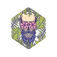 Skull with tropical border, hand drawn line with digital color, vector illustration