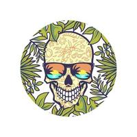 Skull and exotic tropical flowers, hand drawn line with digital color, vector illustration