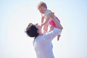 mom and baby on beach  have fun photo