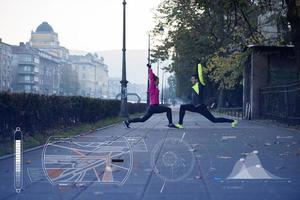 Man and woman stretching on the street photo