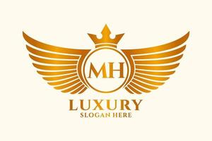 letra de ala real de lujo mh cresta vector de logotipo de color dorado, logotipo de victoria, logotipo de cresta, logotipo de ala, plantilla de logotipo vectorial.