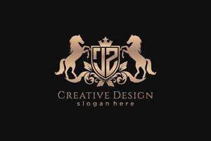 initial JZ Retro golden crest with shield and two horses, badge template with scrolls and royal crown - perfect for luxurious branding projects vector