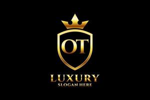 initial OT elegant luxury monogram logo or badge template with scrolls and royal crown - perfect for luxurious branding projects vector