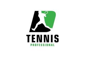 letra d con diseño de logotipo de silueta de jugador de tenis. elementos de plantilla de diseño vectorial para equipo deportivo o identidad corporativa. vector