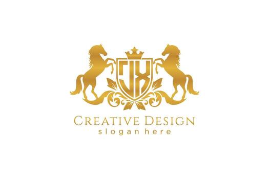 initial JX Retro golden crest with shield and two horses, badge template with scrolls and royal crown - perfect for luxurious branding projects vector