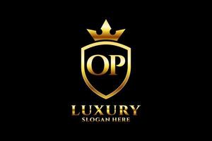 initial OP elegant luxury monogram logo or badge template with scrolls and royal crown - perfect for luxurious branding projects vector