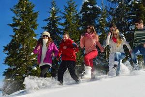 friends have fun at winter on fresh snow photo