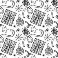patrón transparente de vector. decoración del árbol de navidad. celebración de la víspera de año nuevo adorno temático de la temporada de invierno con muchos adornos, cintas, copos de nieve y regalos ilustración repetitiva de fondo festivo vector