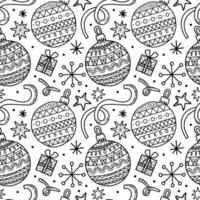 Vector seamless pattern. Christmas tree decoration. New Year Eve celebration Winter season theme Ornament witn many baubles, ribbons, snowflakes and presents Festive background repetitive illustration