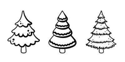 Fir tree black line icon set. Pine sketch illustration vector