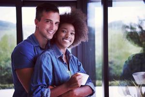 romantic happy young couple relax at modern home indoors photo