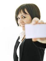 young business  woman displaying empty business card photo