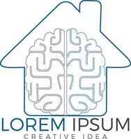 diseño creativo del logo de la casa del cerebro. pensar en el concepto de idea. lluvia de ideas icono de logotipo de cerebro de pensamiento de poder. vector