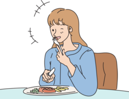meisje geniet van het eten van biefstuk in de schotel platte vector cartoon illustratie blauwe kleur png