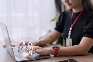 A businesswoman operating with the quality assurance, guarantee, standards, ISO certification, and standardization notion as proof of top service. photo