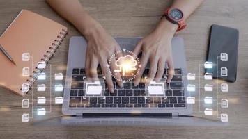 Entrepreneurs are managing data on their laptops.document management concept, online Big Data, documentation database photo