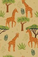 Seamless pattern with giraffes in the savanna. Vector graphics.