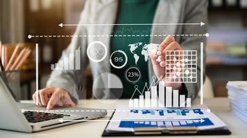 Intelligence and business analytics with dashboard concept.Website designer working in come digital tablet computer laptop.and smart phone. photo