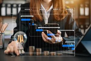 contador de negocios que trabaja en el escritorio usando teléfono móvil y calculadora para calcular el concepto de presupuesto finanzas y contabilidad en icono foto