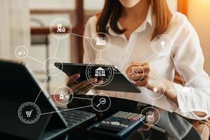 Business working with reduce CO2 concept with icons, global warming such as reforest green factory recycle and zero carbon dioxide emission concept. with VR icon at office photo