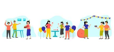 diseño de paquete plano de escena de fiesta de cumpleaños con amigos vector