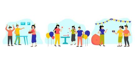 Birthday Party with Friends Scene Flat Bundle Design vector