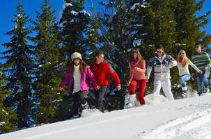 friends have fun at winter on fresh snow photo